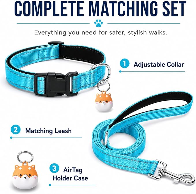 Reflective Soft Neoprene Padded Matching Dog Collar with Leash Airtag Holder Case Set Safety Breathable Adjustable Nylon Dog Collars for X-Small Small Medium Large Dogs-Sky Blue-S
