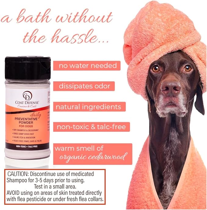COAT DEFENSE Daily Preventative Powder | Made in USA | 3.5oz Waterless Dog Shampoo & Pet Deodorizer for Smelly Dogs | Provides Anti Itch Relief | Dog Shampoo for Dry Itchy Skin