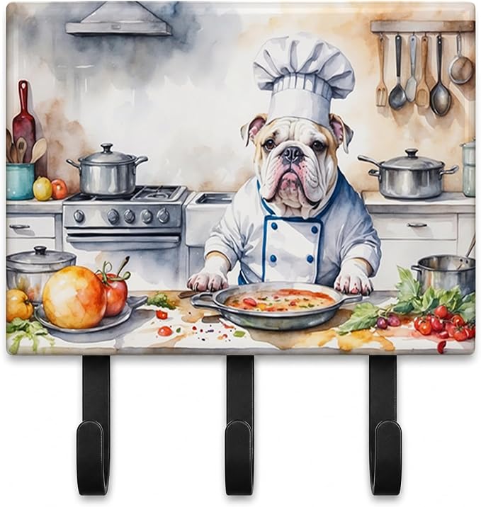 Caroline's Treasures English Bulldog The Chef Leash or Key Holder Wall Hooks, Key Hooks Holder, Coat Rack Wall Mount, Coat Hooks, Hooks for Hanging Keys, Towels, Aprons, Leashes | English Bulldog The Chef artwork on ceramic tile with three steel hooks ...