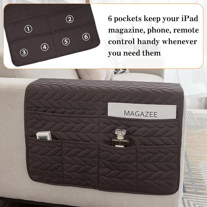 Sofa Armrest Organizer Arm Chair Caddy for Recliner, Remote Control Holder for Recliner, Non-Slip Armchair Caddy with 6 Pockets Storage for Magazine, Chocolate