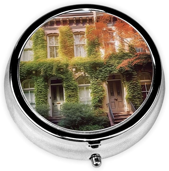 Round Pill Box Leafy Townhouses Pill Case for Purse & Pocket 3 Compartment Pill Organizer Portable Travel Pillbox Medicine Pill Holder Container for Daily Vitamin Cod Liver Oil Storage