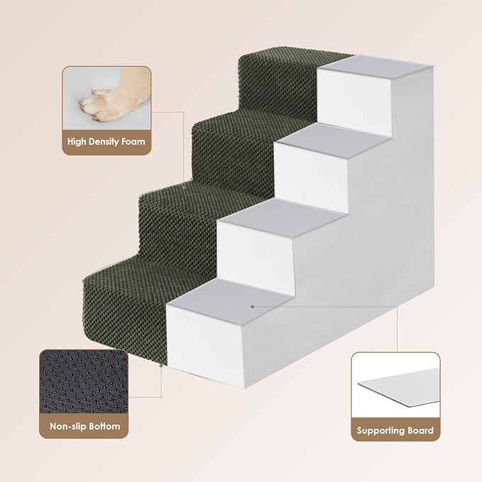 EHEYCIGA Dog Stairs for Bed 18" H, Dog 4-Steps for High Bed, Military Green | Pet Steps for Small Dogs and Cats, Non-Slip Balanced Pet Ramp Indoor