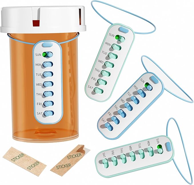 4 Pack Pill Reminder, Lanyad or Sticker, Twice Daily/Weekly Pill Tracker | 7 Day AM PM Weekly Medication Tracker for Elderly, No batteries Required，4 Times a Day Blue & Green