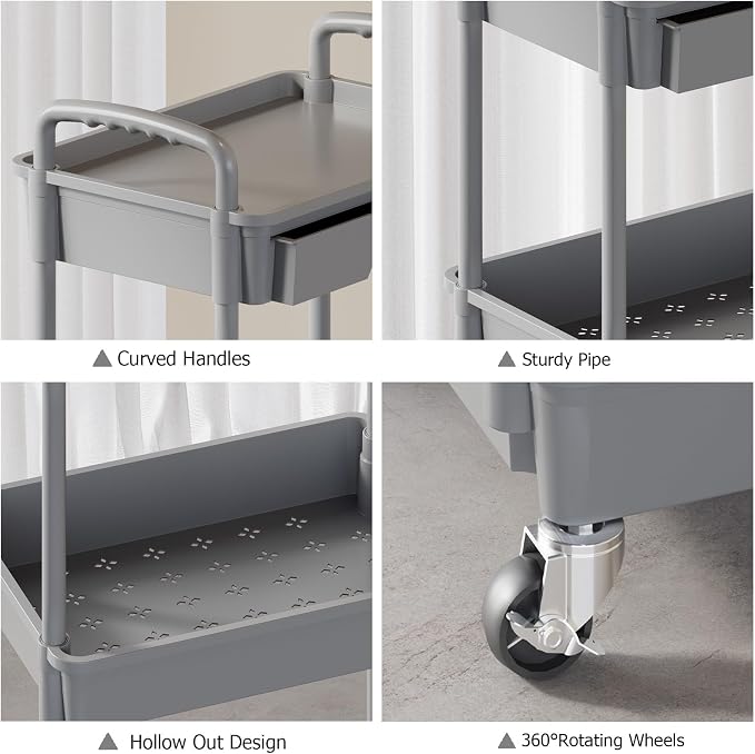 3 Tier Rolling Utility Cart with Drawer, Plastic Storage Organizer Rolling Carts with Wheels Handles Hanging Cups Hooks for Office, Bathroom, Kitchen,Craft Art Room (Grey)