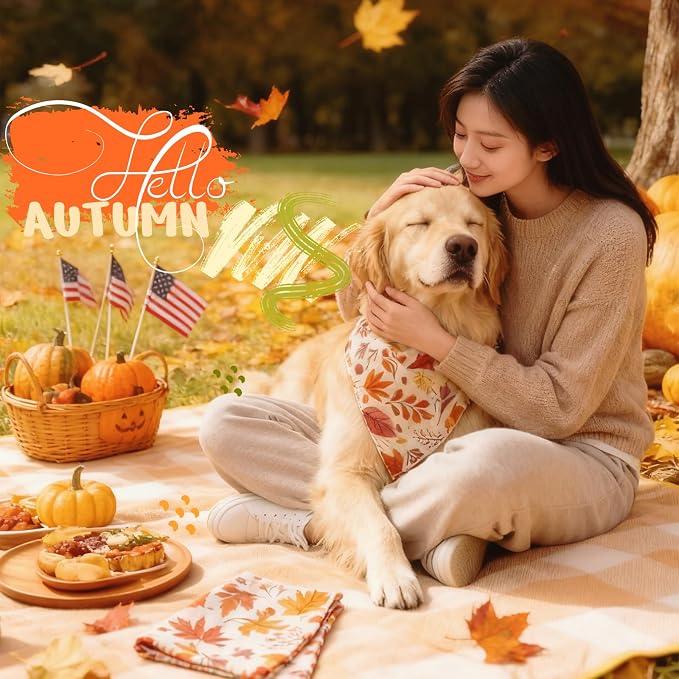 Fall Dog Bandana Colorful Autumn Leaf Scraf, 30-75lbs Large Pets