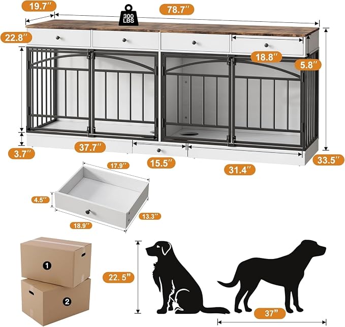 Dog Crate Furniture for 2 Dogs, Double Dog Crate TV Stand, White | 78.7'' Large Dog Kennel Indoor, 4 Storage Drawers and Feeding Bowls, Pet Kennel for Small and Medium Dogs
