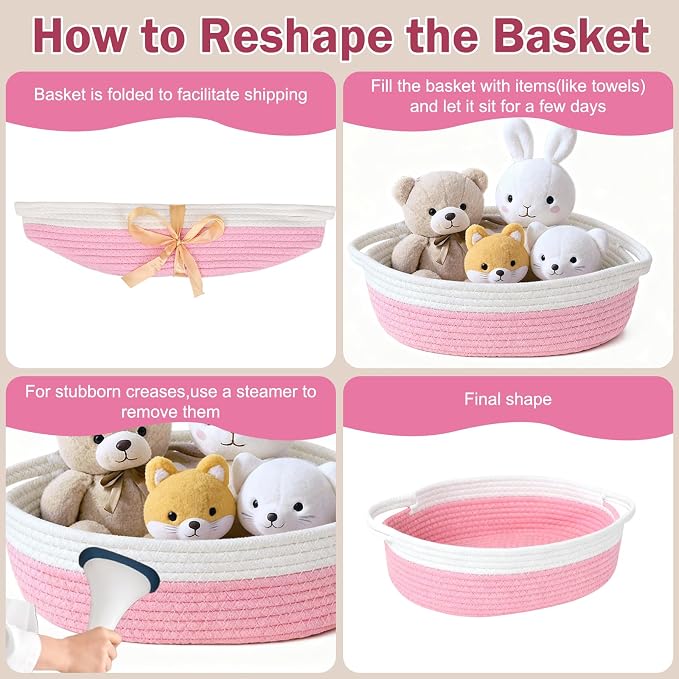 Basket for Gifts Empty, Small Woven Basket with Bags and Ribbons, Baby Toy Baskets with Handles, Wicker Storage Bin for Baby Showers or Pet Toy (Pink, 1 Pack (12"x 8"x 3.74"))