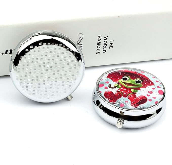Frog Playing In The Rain Metal Round Pill Box, 3 Compartment Travel Organizer, Portable Pill Container with Secure Latch, 2 Inch Circular Vitamin Caddy for Pills And Vitamins, Gift for Him Her Elderly