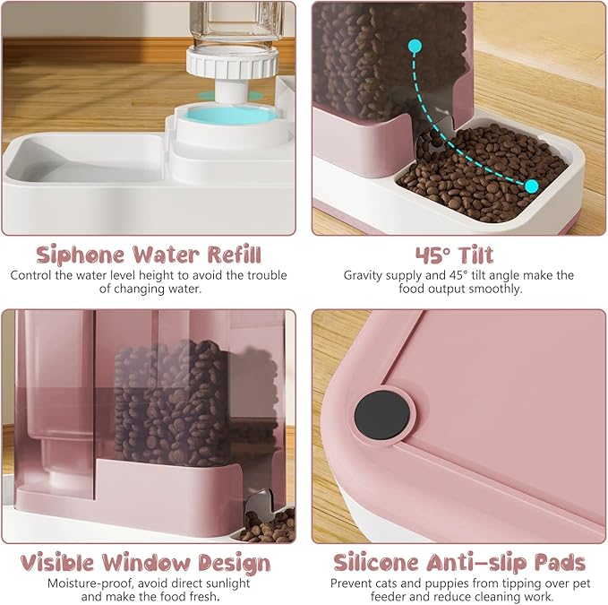 GearRoot Automatic Cat Feeder and Water Dispenser, 2 in 1 Gravity Pet Food Feeder and Water Dispenser Detachable Cat Food Dispenser for Small Dogs and Cats, Pink