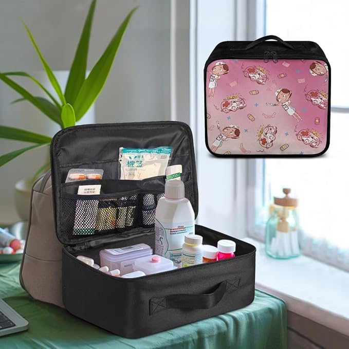 Cute Small First Aid Kit Travel Bag Empty Nurse Gril Medical Bag Empty Travel Medicine Kit Bag Pattern Medical Equipment Bag for Home Outdoor Travel Camping Hiking Pink