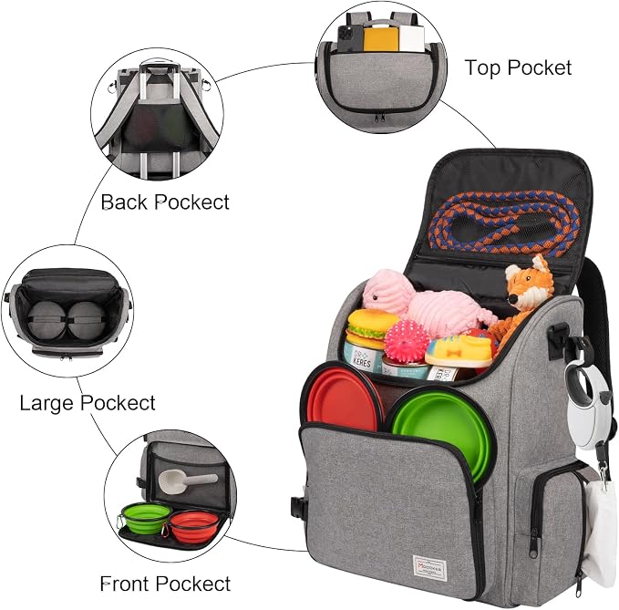 Modoker Multi-Compartment Dog Travel Backpack for Pet Supplies, Grey | Dog Travel Accessories Organizer with 2 Food Bags, 2 Bowls, Quick-Access Pockets, Tissue Opening, Luggage Sleeve, Feeding Mat