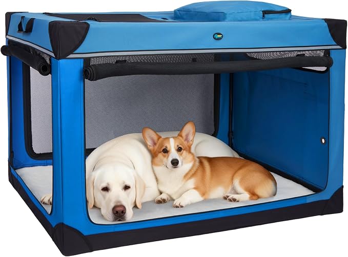 Ownpets 48 inch XXL Collapsible Dog Crate for Large Dogs, Portable Travel Dog Crate, 4-Door Foldable Pet Kennel with Durable Mesh Windows and Soft Mat, Blue | Foldable, Portable, 4-Doors, 4-Side Mesh Windows, Steel Frame Oxford Cloth, Soft Cushion Mat,...