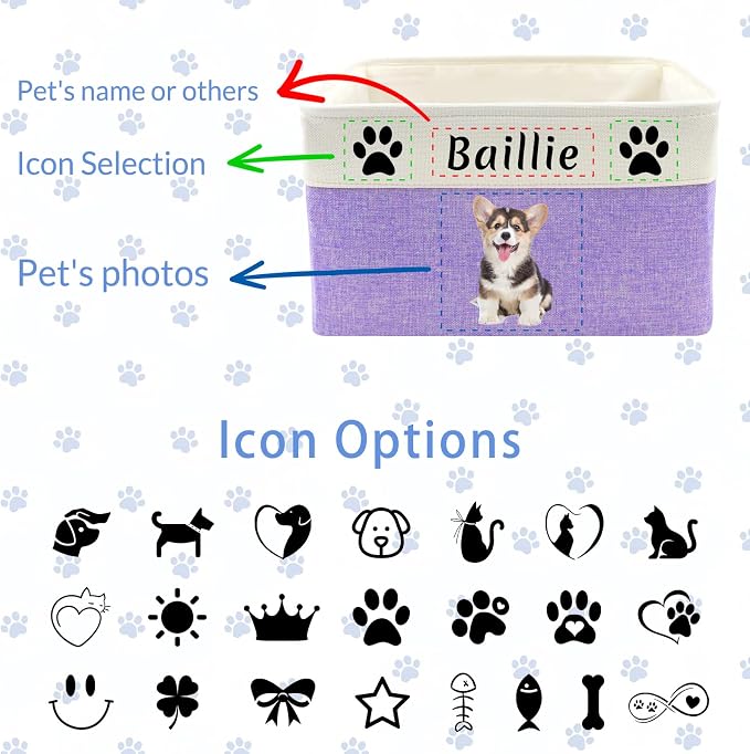 Personalized Dog Cat Toy Basket with Name Photo, Custom New Puppy Toy Storage Bins with Handles, Customized Baskets Organizer for Blankets Pet Supplies Clothes Food