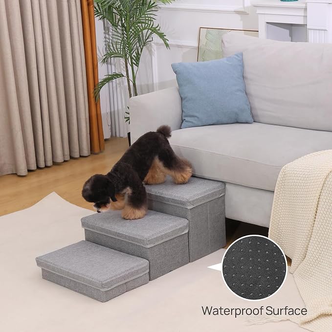 Linen Foldable Dog Stairs with Storage | 3-Step Pet Steps for High Beds & Couch, Non-Slip Dog Ladder for Small & Medium Dogs and Cats, Light Grey