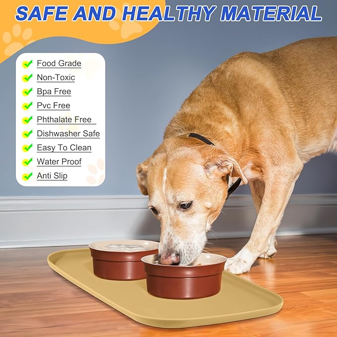 SMILOOL Silicone Pet Feeding Mat with Raised Edge for Food and Water, Dog Bowl Mats, Cat Bowls Placemat with High Lip for Floor Waterproof, Rubber Tray for Cats and Dogs 24 x 16 x0.8 Dark Beige