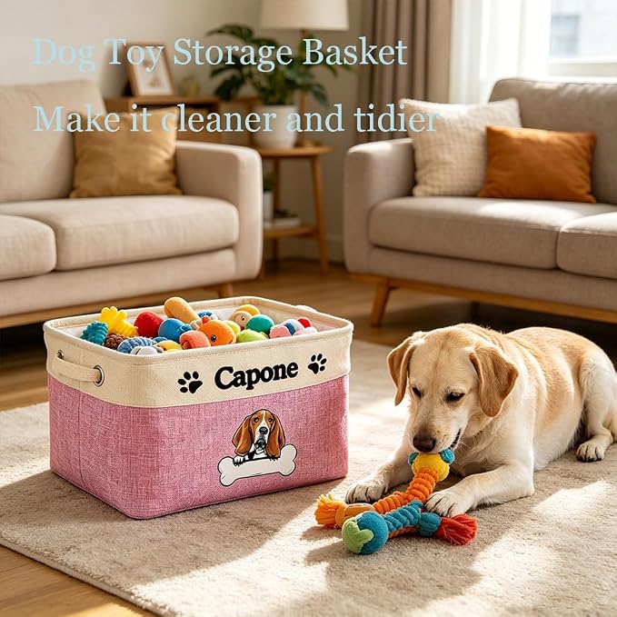 Personalized Fabric Dog Toy Storage Basket with Cute Dog French Bulldog Collapsible Sturdy Fabric Pet Toys Storage Bin Cube with Handles for Organizing, Brown and White