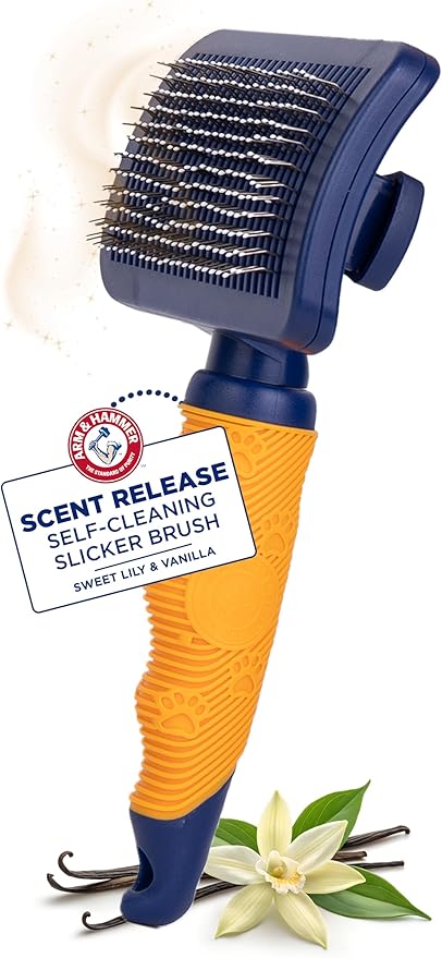 Arm & Hammer Deodorizing Slicker Brush for Dogs, Fragrance Transfer Technology with Baking Soda, Self-Cleaning Button, Removes Loose Fur & Tangles, Dog Grooming Brush, Sweet Lily & Vanilla