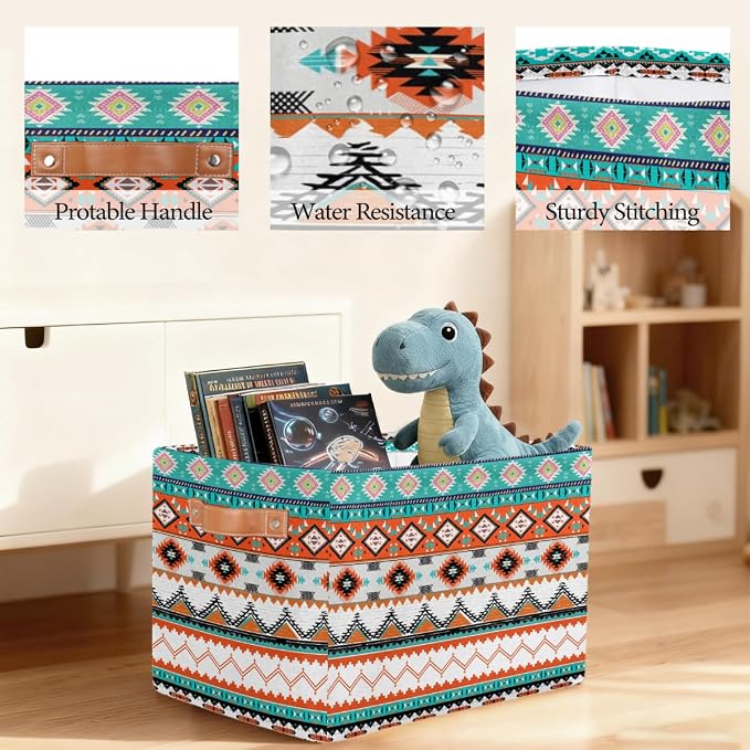 Pardick Storage Baskets Bin, Ethnic Boho Western Collapsible Canvas Fabric Storage Bin Decorative Baskets Toy Organizer Rectangle Storage Boxes with handles for Home Shelves Nursery,Q-12