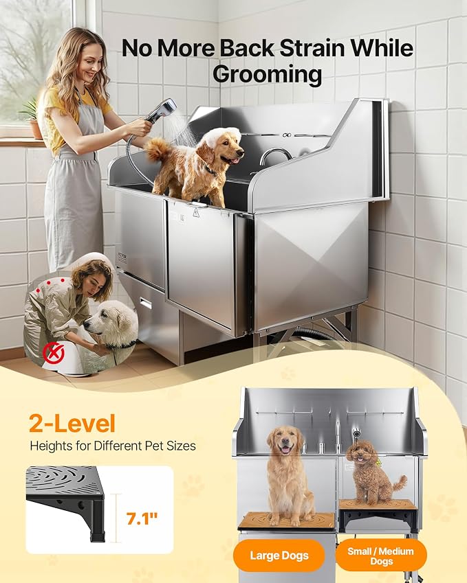 VEVOR Professional 304 Stainless Steel Dog Bathing Station, 61 inch Pet Grooming Tub w/Anti-Slip ramp, Storage Drawer, Cold Hot Faucet Showerhead for Large & Medium & Small (Right Door, with Drawer)