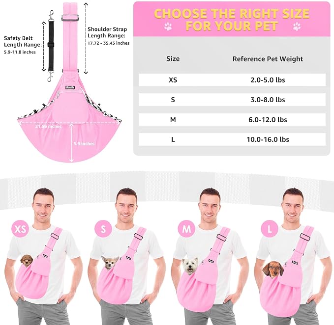 Lukovee Pet Sling, Puppy Small Pet Cat Carrier with Safety Hook | Hands-Free,Padded Strap, Breathable, Adjustable, Storage Pocket, Tote Bag Shoulder Bag with Front Pocket (Pink-WY,L)