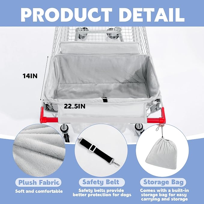 Soft Velvet Shopping Cart Cover for Dogs, Plush Pets Grocery Cart Cover with Safety Ropes, Portable and Easy-on Stretch Design for Shopping Carts with Carry Bag(Gray)