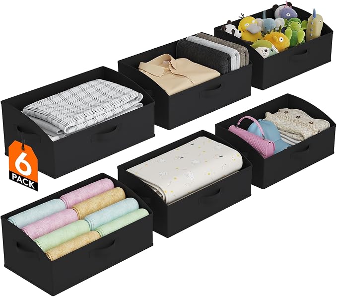 Lifewit Trapezoid Closet Storage Bin for Shelf, 6 Packs 23L, Black | Non-woven Closet Organizer Baskets with Handles, Foldable Clothes Containers Boxes for Clothing, Book, Purse, Extra Large