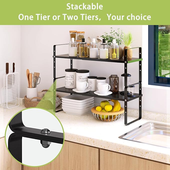 Across-Star Expandable Cabinet Shelf Organizer Rack, Stackable Kitchen Countertop Organizer Storage Shelves, Adjustable Height Pantry Counter Shelf Riser Spice Rack (Black, 2 Pack)