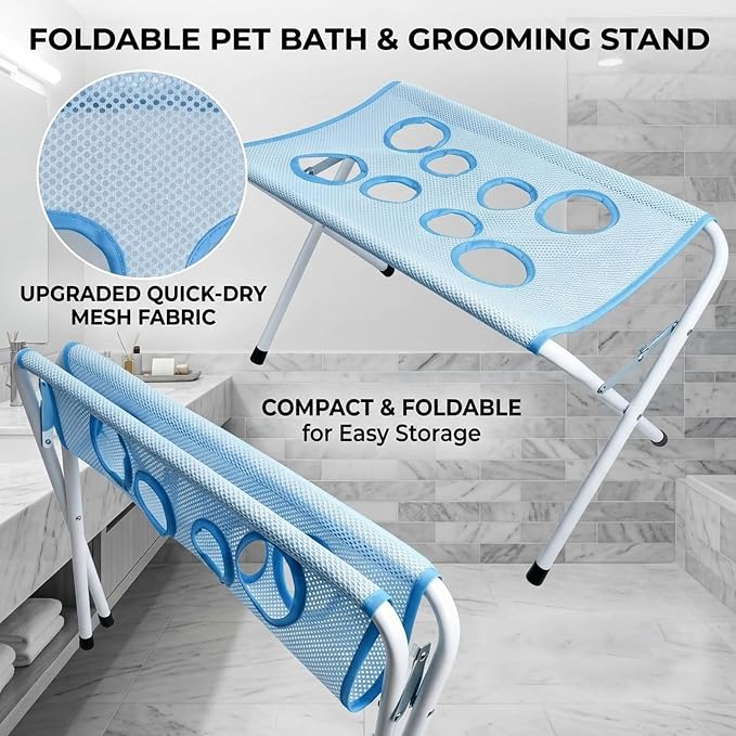 2-in-1 Foldable Pet Grooming Bed, Foldable Pet Grooming Hammock，Gray | Dog Grooming Hammock Stand, Pet Bathing Stand with Breathable Mesh & Strap for Nail Trimming, Bathing, Haircuts