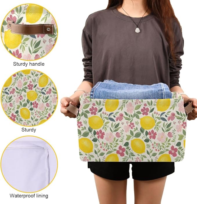 susiyo Large Foldable Storage Bin Beautiful Floral Lemon Fabric Storage Baskets Collapsible Decorative Baskets Organizing Basket Bin with PU Handles for Shelves Home Closet Bedroom Living Room-1Pack