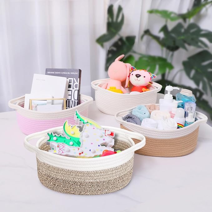 ABenkle Small Basket Empty Gift Basket, Decorative Boho Rope Woven Nursery Storage Organizer Dog Toy Baskets for Baby Showers Christmas Easter with Gift Bags and Ribbons, 12"X 8" X 5"