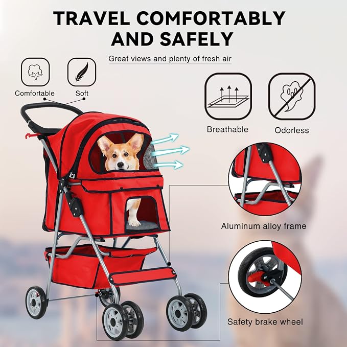 4 Wheels Pet Stroller, Ideal for Small to Medium Pets. Features a Folding Design, Waterproof Construction, Cup Holder, and Removable Liner. Perfect for Jogging or Traveling with Your Pets (Red)