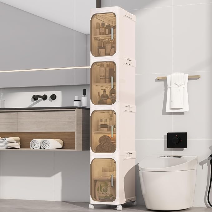 4 Tier Slim Bathroom Storage Cabinet, Foldable and Movable, Beige | Tools Free, ABS and PET, Magnetic Clear Door, Adjustable Shelves, Lockable Wheels, Water Resistant, For Narrow Space