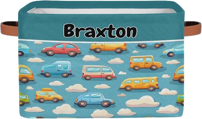 Custom Storage Baskets for Kids with Name, Large Foldable Organizer Collapsible Storage Bin with Leather Handle for Home Toys Closet Nursery, Colorful Bus Taxi Clouds
