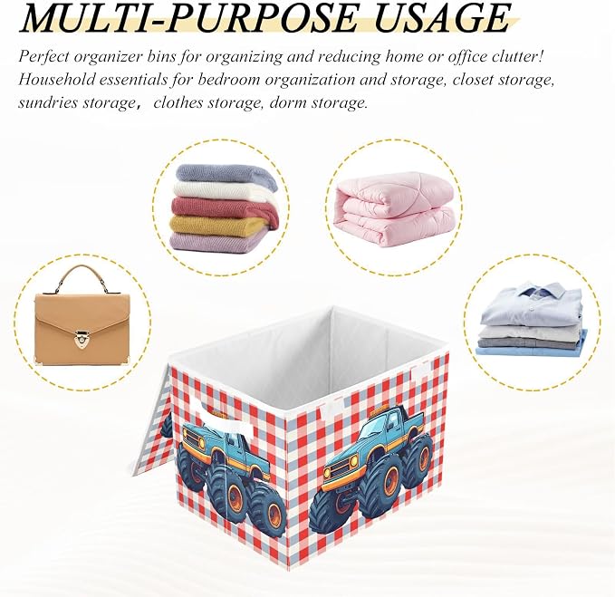 Cartoon Truck Fabric Storage Bins with Lid Closet Storage Basket 40L | Decorative Storage Boxes, Dust-Proof Flip Top, Reinforced Handles, For Home & Bedroom, Clothes & Toy Box, Cartoon Print