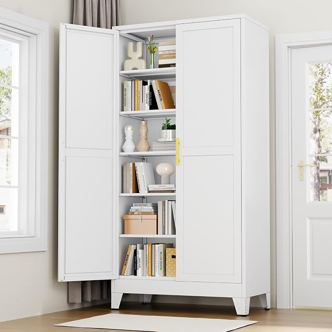 White Metal Storage Cabinet, 79" Kitchen Pantry Cabinets for Office | Steel Kitchen Pantry Storage with Doors, 5 Adjustable Shelves, Metal Pantry Cabinet, for Office, Home, School 40" W