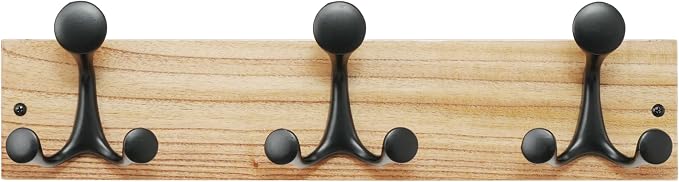 SKOLOO 17-Inch Wood Coat Rack Wall Mount with 3 Triple Hooks - Ideal for Family Entrances, Classrooms, and Pet Supplies Storage - Perfect Coat Hooks for Wall, Black on Natural