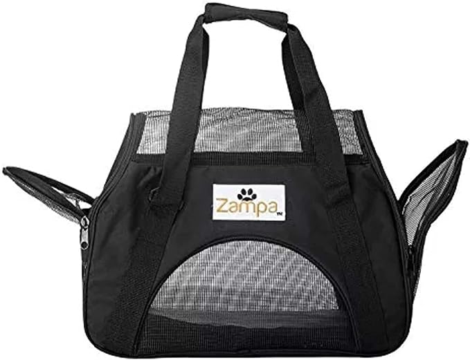 Airline Approved Soft Sided Pet Carrier by Zampa, Low Profile Travel Tote, Removable pad, Premium Zippers & Under Seat Compatibility, for Cats and Small Dogs (Medium) (Black)