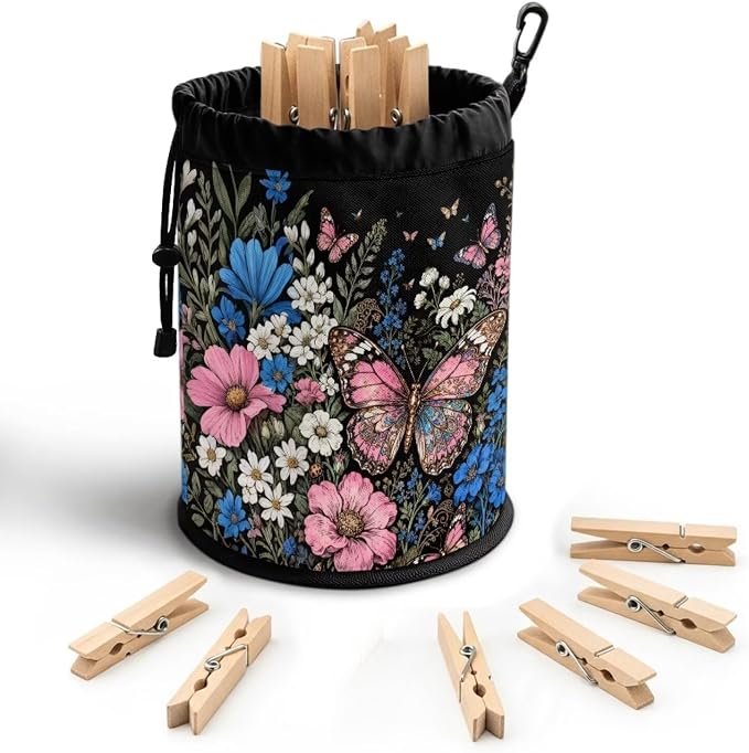 Floral Butterfly Clothespin Holder - 1Pcs Clothes Pin Bags Clothes Hanging Bag for Laundry Room & Outdoor Use