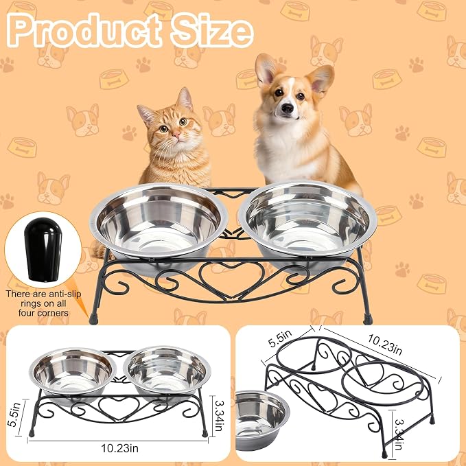 Small Dog Bowls with Metal Stand for Small Breeds Cats and Puppies 3.4 Inch Fixed Height Elevated Feeder with 2 Removable Stainless Steel Bowls