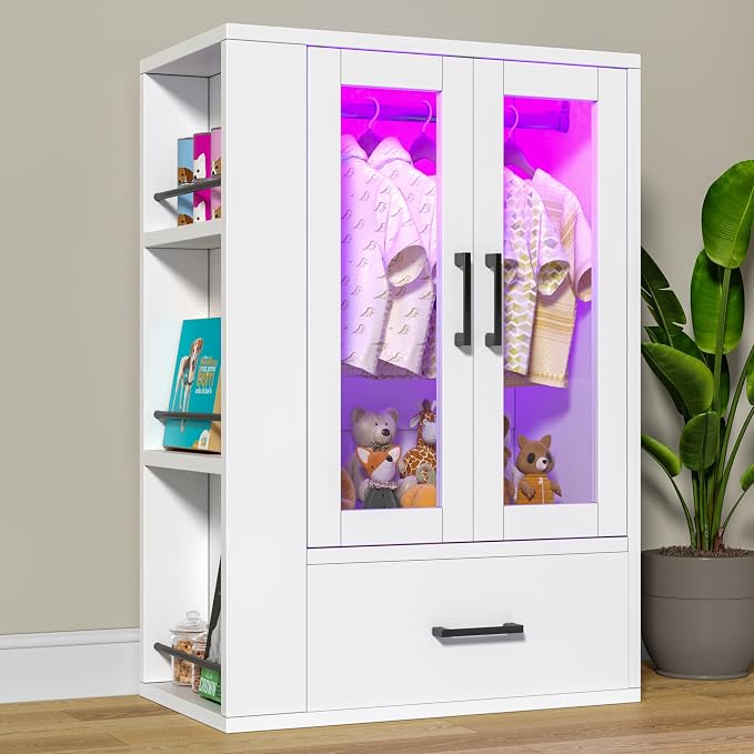 kepptory Pet Wardrobe Closet with LED Light, Side Storage Shelves & Drawer, White Pet Clothes Organizer Cabinet with Hanging Rod, Multi-Functional Pet Closet for Dogs & Cats Clothing, Toys