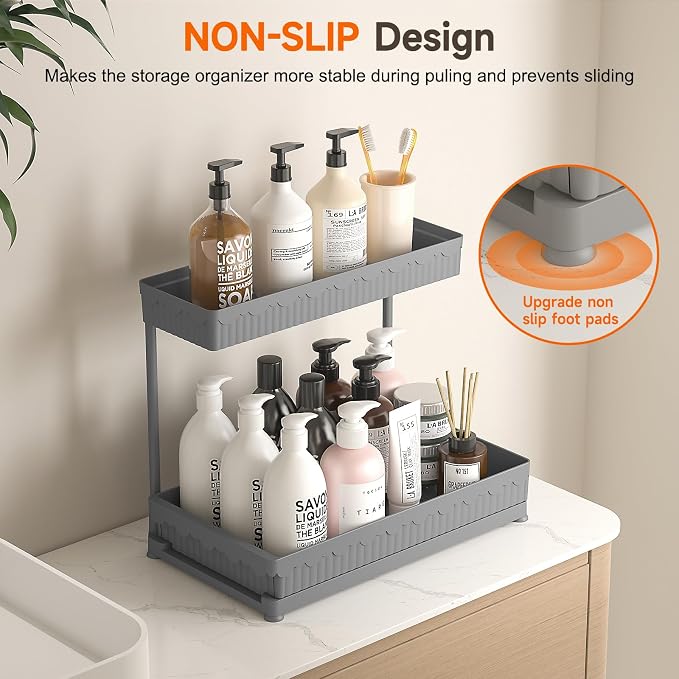 3-Pack 2-Tier L-Shaped Under Sink Organizers with Sliding Drawers | Multi-use kitchen & bathroom storage, 12.85 inch grey cabinet organizer, space-saving sliding drawer design.