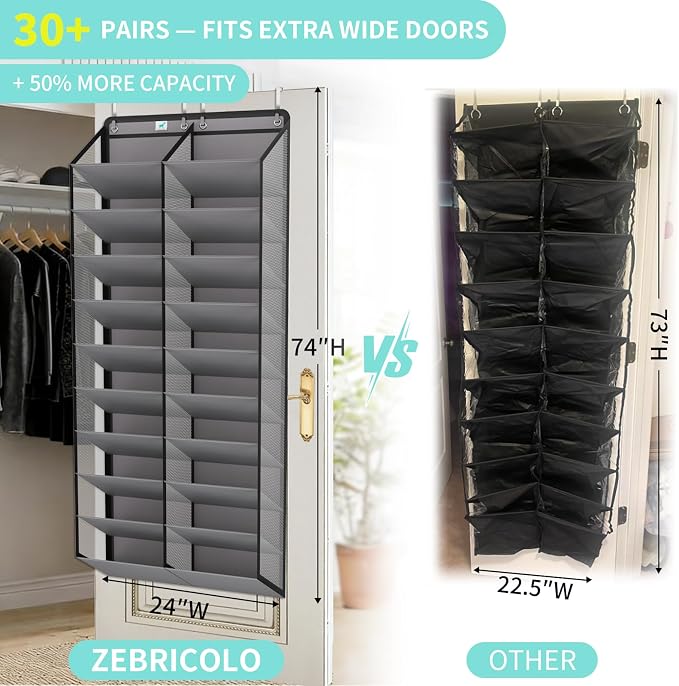 Large Shoe Rack for Door 74 x 24 Inches, Over the Door Shoe Organizer, Heavy-Duty Hanging Shoe Storage for Closet, Extra-Wide 30 Pairs Shoe Holders Fit Family Sneakers Heels Boots - Grey