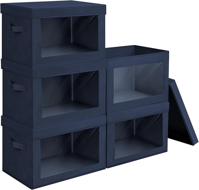 Stackable Storage Bins with Lids - Medium Storage Box with Lids, Foldable Closet Boxes for Organizing, Wardrobe Clothes Organizer with Window, Cubes Bins for Living Room, 5 Pack, Navy Blue