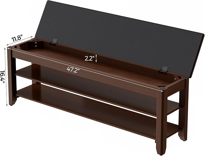 Homleke 47.2" Wide Solid Wood Shoe Rack Bench with Flip-Top Storage | 2-Tier Entryway Bench with Cushion, Adjustable Shelf, Holds Up to 12 Pairs, for Hallway, Bedroom and Closet, Walnut
