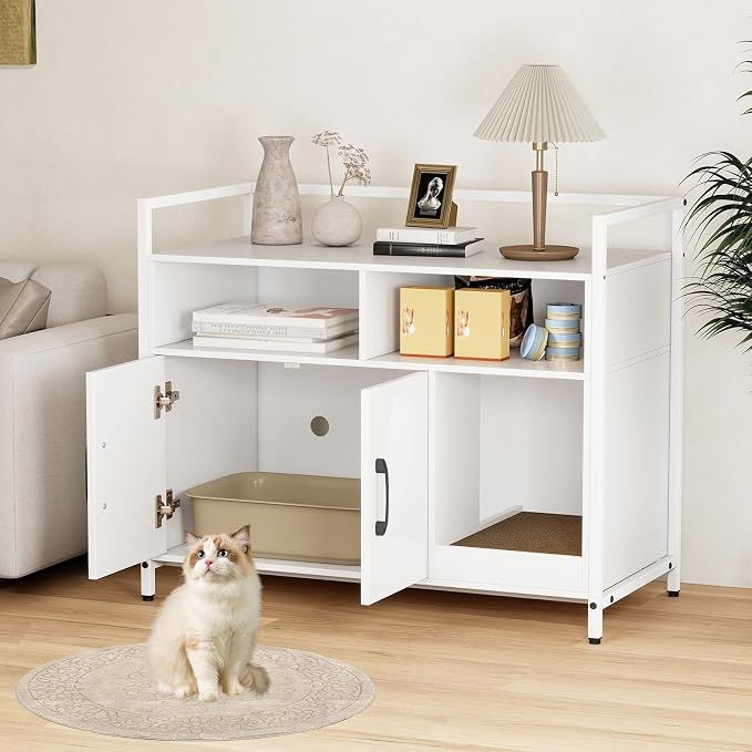 Giantex Cat Litter Box Enclosure - Cat Washroom Hidden Furniture with Front Entry, Scratcher, 2-Door Storage Cabinet, 2 Compartments, Air Vents, Metal Frame, Wooden Pet Crate House (White)
