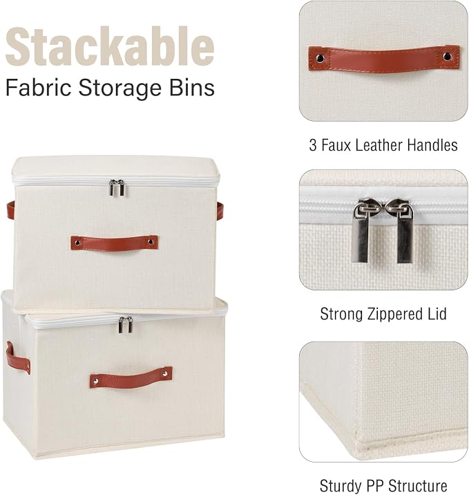 3PCS Storage Bins Boxes with Zippered Lid Decorative Baskets | Cotton Linen Fabric, Washable Foldable Stackable Clothes Container, Closet Shelf Organizer w/ PU Leather Handles, Beige-Large
