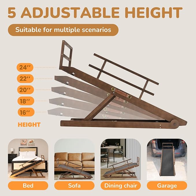 Dog Ramp for Bed & Couch, Foldable Wooden Pet Ramp, 5 Adjustable Heights | Height up to 23.5", Portable Dog Ramp with Non-Slip Rubber Surface & Safety Railings, Pet Ramp for Small, Large, Senior Dogs