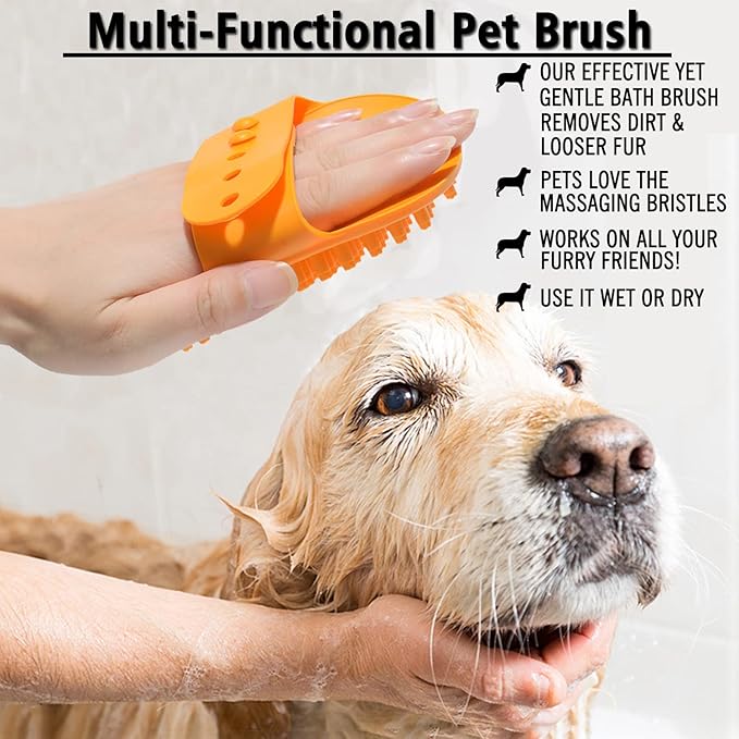 XIGOU Dog Bath Brush, 2 Pcs Short Hair Grooming Brush for Dogs & Cats - Soothing Massage Rubber Bristles Curry Comb with Adjustable Handle
