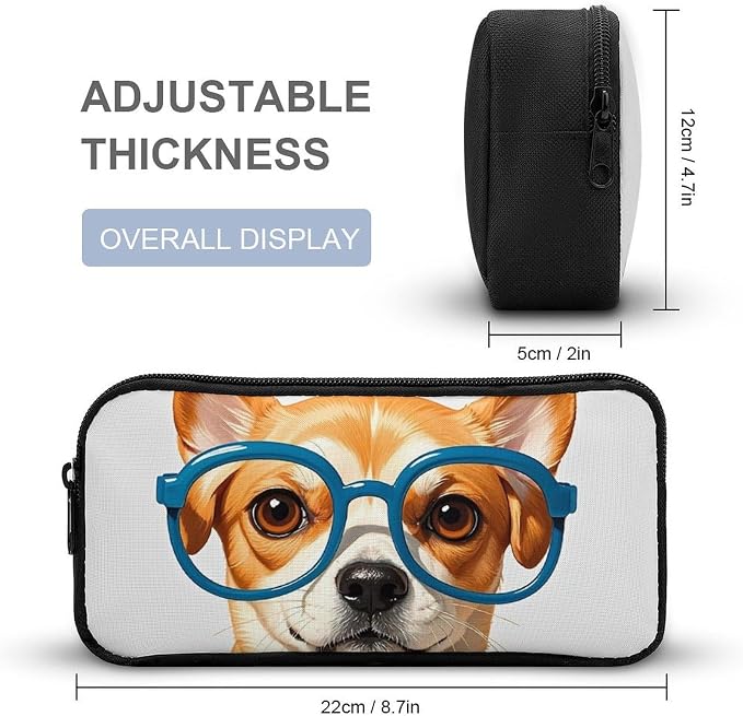 Pet Dog Soft Bow Tie, Oversized Glasses Large Capacity Pencil Case with Double Zipper - Aesthetic Stationery Pen Organizer Pouch, Portable Storage Bag for Office Supplies, Travel & Cosmetics