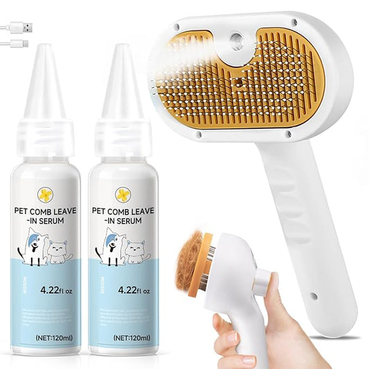 Pet Steam Brush for Dog & Cat – 3-in-1 Spray Hair Removal Comb for Shedding & Grooming, Softens Fur & Reduces Static – Water Brush for Long & Short Coats, Bath-Hating Pets, Includes Waterless Shampoo